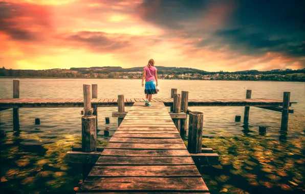 Picture girl, lake, view, treatment, pier
