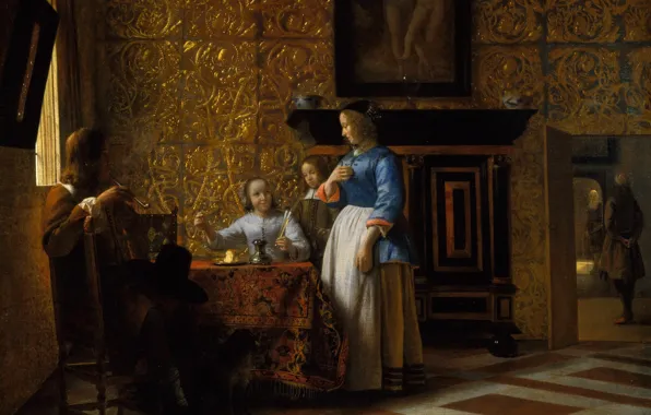 Picture people, interior, picture, Pieter de Hooch, Free time in elegant surroundings