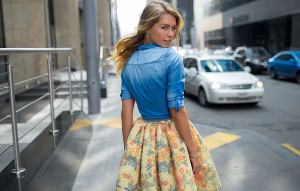 Car, long hair, blue eyes, model, street, women, blonde, skirt