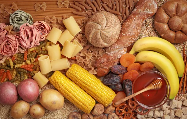 Corn, honey, bread, bananas, pasta, potatoes, cuts, pasta