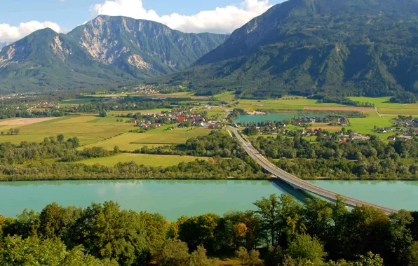 Picture road, field, trees, mountains, bridge, river, Austria, house