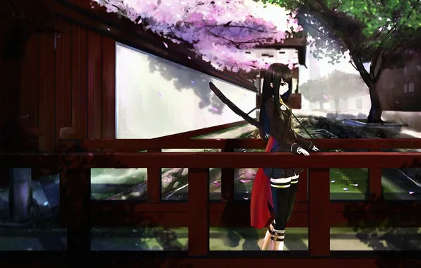 Picture girl, bridge, stream, tree, sword, Sakura, art, railings