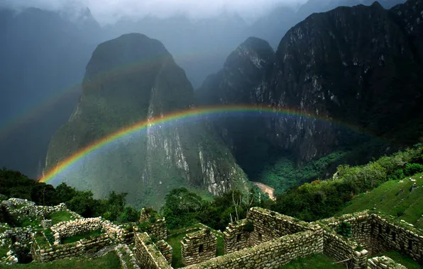 Greens, landscape, mountains, nature, rainbow, rainbow, ruins, landscape