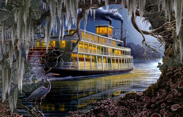 Picture river, art, steamer, Heron, Roberta Wesley, Night on the River