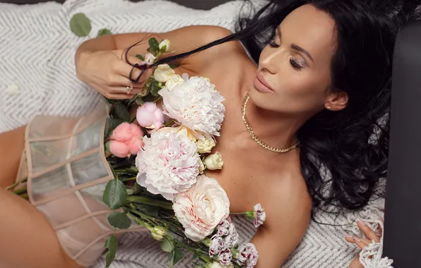 Girl, flowers, pose, brunette, corset, long hair, peonies, closed eyes