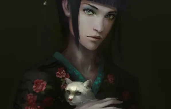 Picture cat, girl, background, hand, white, kimono, gloomy