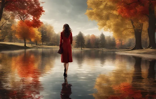 Water, Reflection, Girl, Autumn, Trees, Clouds, Back
