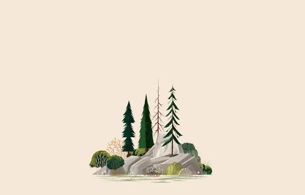 Picture rock, trees, minimalism, illustration, Forest, simple background