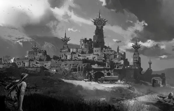 The sky, clouds, the city, people, tower, truck, machine, fortress