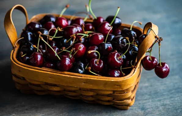 Picture cherry, berries, background, basket, cherry, ripe, bokeh