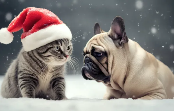 Winter, cat, look, snow, pose, kitty, grey, dog