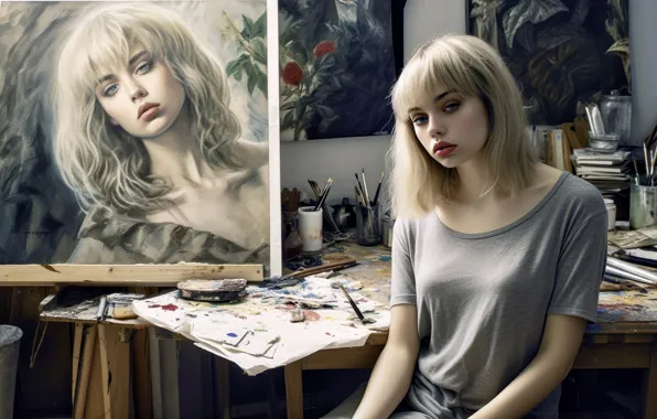 Look, girl, face, table, paint, figure, portrait, picture
