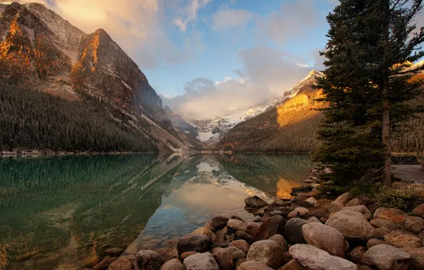 Picture lake, sunrise, morning, Canada, national Park, Banff, glacial, Louise