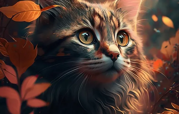 Cat, cat, look, face, digital art, AI art, neural network, the art of artificial intelligence