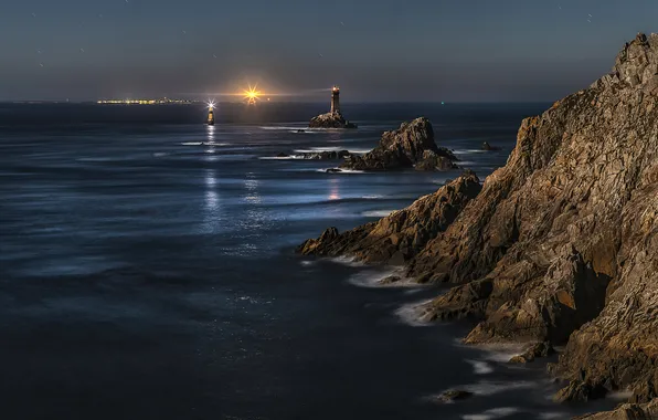 Sea, night, lights, rocks, shore, lighthouse