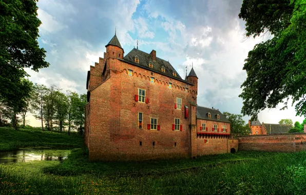 Picture grass, trees, castle, wall, Netherlands, ditch, Doorwerth castle