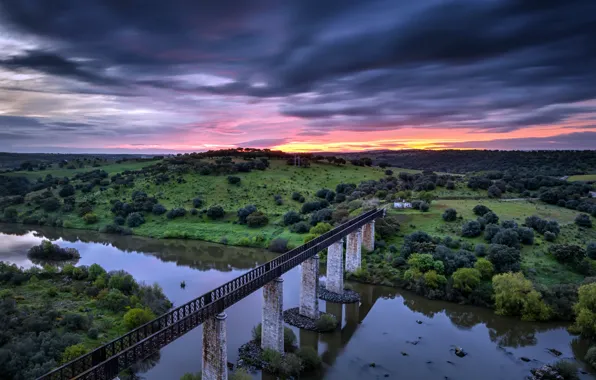 Sunset, bridge, river