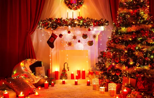 Decoration, toys, tree, candles, New Year, Christmas, gifts, fireplace