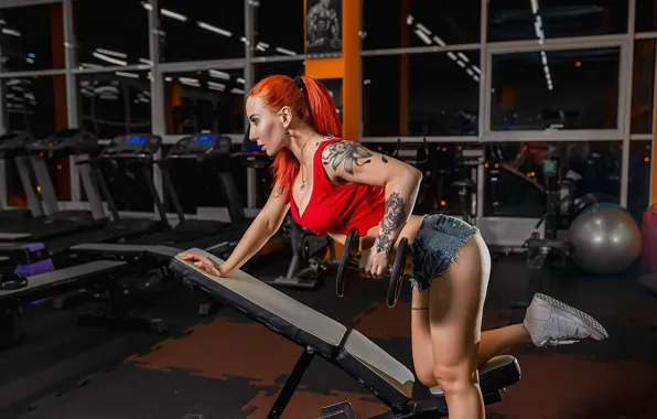 Figure, tattoo, fitness, pose, training, dumbbells, workout, fitness