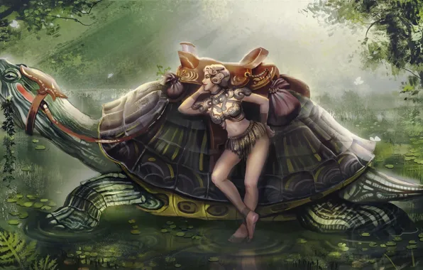 Picture girl, forest, big, animal, giant, turtle, kyojin, tekai