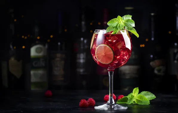 Berries, raspberry, the dark background, table, wine, glass, alcohol, cocktail