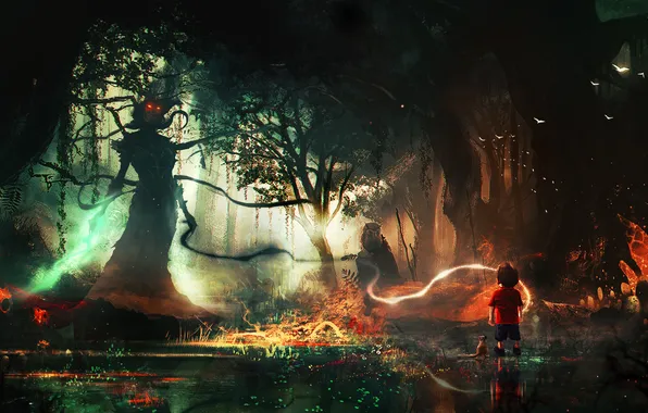 Picture forest, magic, boy, monster