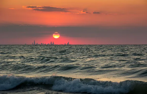 Sea, sunset, shore, Chicago