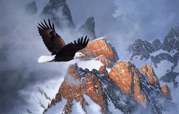 Picture winter, clouds, snow, mountains, flight, eagle, painting, Derk Hansen