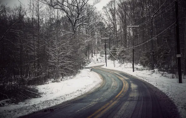 Winter, road, snow, trees, power line