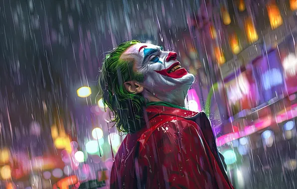 Lights, smile, rain, Joker, night city, Joker, makeup, dc comics