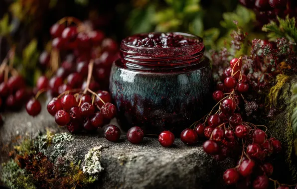 Nature, berries, stone, Bank, red, jam, jam, AI art