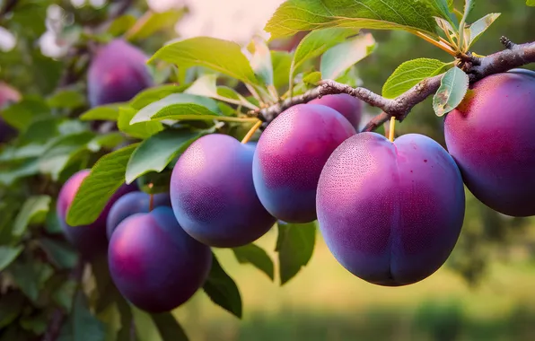 Leaves, garden, fruit, fruit, plum, on the branch, drain, ripe