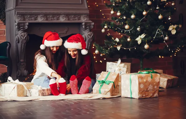 Joy, girls, room, Christmas, gifts, New year, Duo, two girls