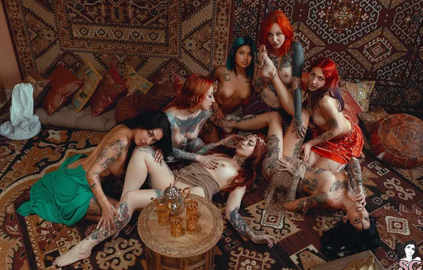 Chest, look, carpet, pillow, piercing, tattoo, legs, harem
