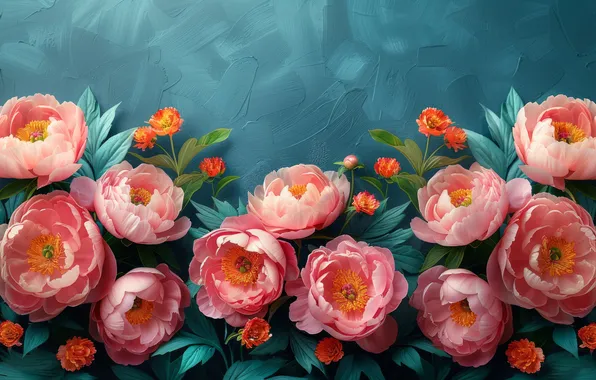 Flowers, holiday, bouquet, pink, blue background, peonies, composition, AI art