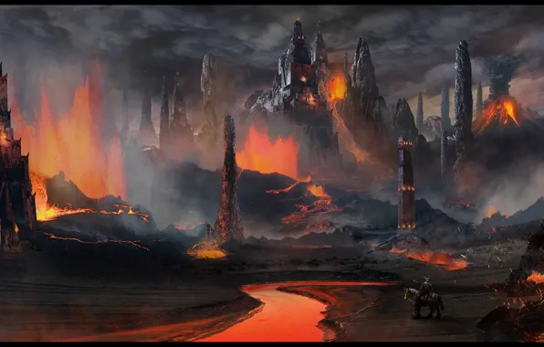 Rocks, lava, tower, rider, Volcanic Temple
