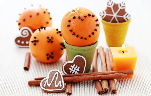 Picture oranges, candles, New Year, cookies, Christmas, cinnamon, carnation, holidays