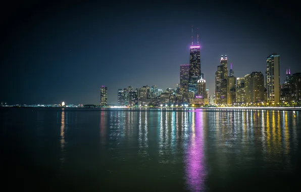 Night, the ocean, skyscrapers, Chicago, USA, Illinois, panorama, otragenie