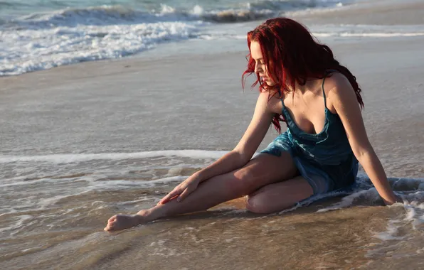 Picture sea, wave, girl, face, pose, hands, dress, red hair