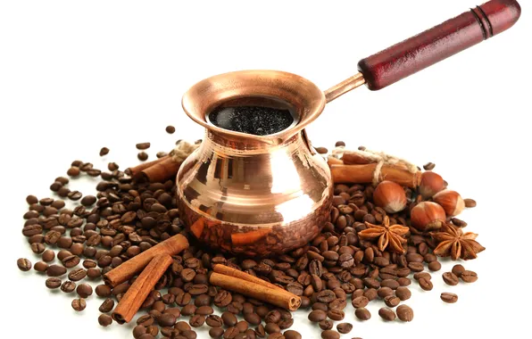 Picture coffee, grain, handle, white background, cinnamon, Turk