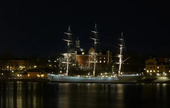 Night, lights, ship, home, Stockholm, Sweden