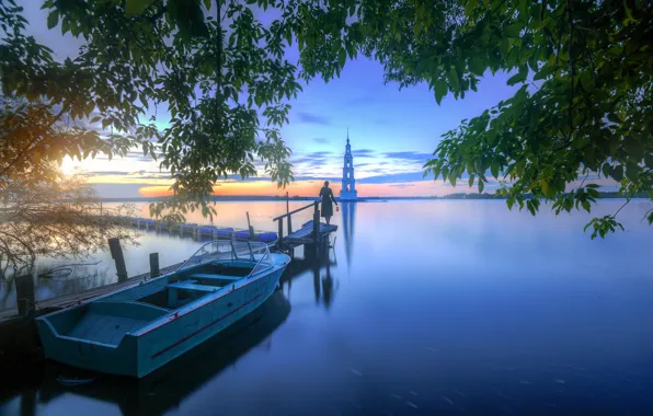 Picture branches, river, morning, Volga, the bell tower, mostok, Gordeev Edward, Eduard Gordeev