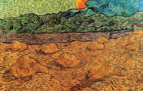 Picture the sun, hay, Vincent van Gogh, Evening Landscape, with Rising Moon