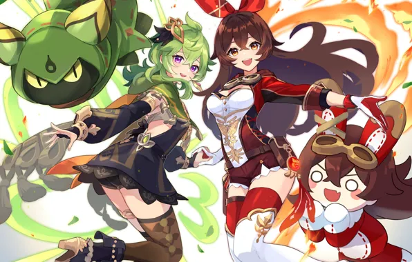 Smile, fire, hare, doll, two girls, Genshin Impact, Amber (Genshin Impact), Collei