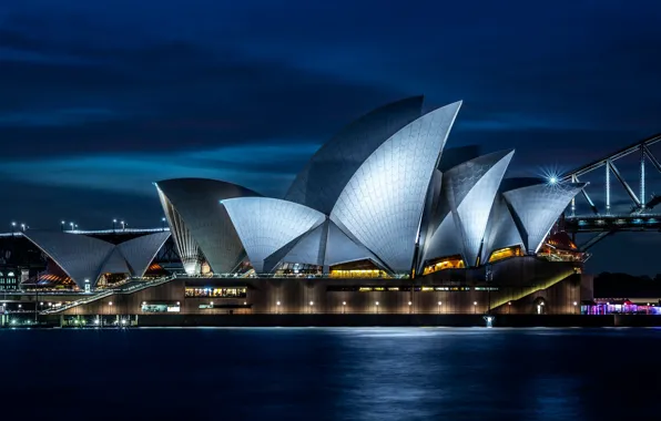 The sky, clouds, night, bridge, the city, lights, blue, shore