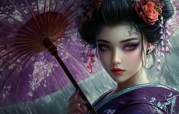 Purple, look, girl, drops, decoration, rain, rose, portrait