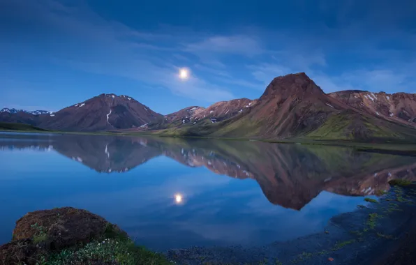 Mountains, lake, reflection, the moon, the evening, twilight, Iceland
