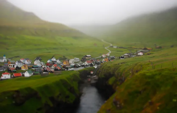 Road, mountains, fog, hills, blur, village, channel, haze