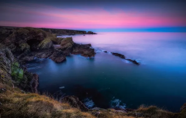 Picture sea, rocks, dawn, coast, Scotland, cave, Scotland, Morayshire