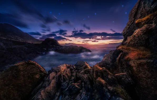 Sea, stars, clouds, night, rocks, rocky shore